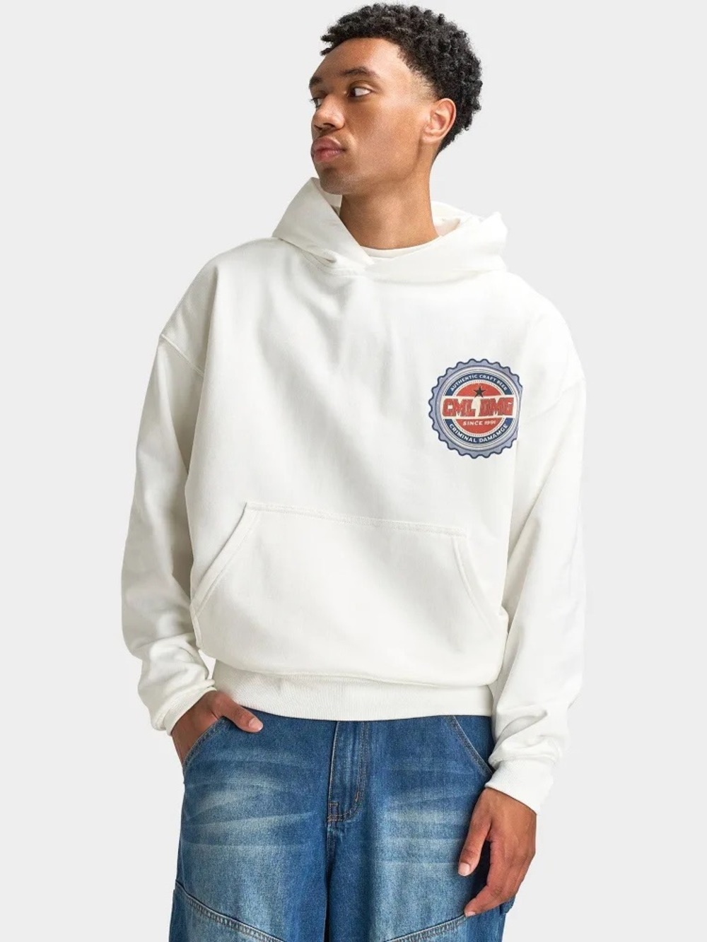 Men's White Graphic Pullover Hoodie with Badge Detail